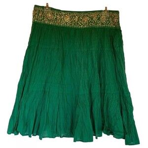 BCBG MaxAzria  Sequined Crinkle Skirt Gold Boho Flouncy Tiered Small/Medium NOTE